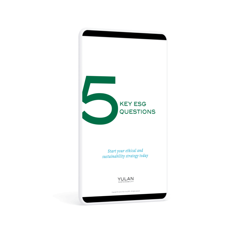 5 key esg questions mock up on tablet. Start your ethical and sustainability strategy today